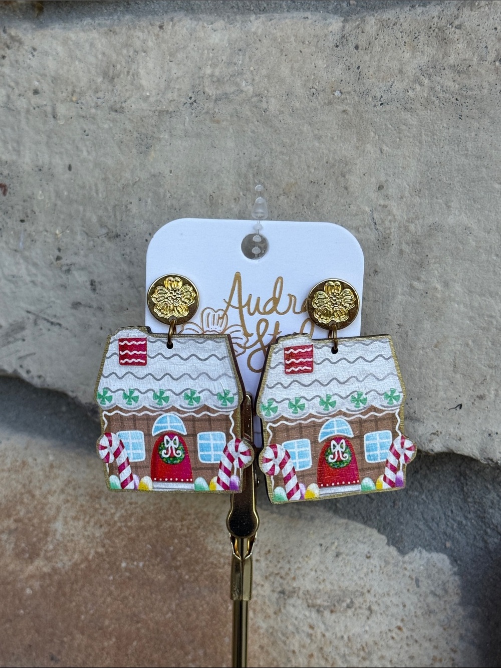 Gingerbread House Holiday Earrings - White & Brown - Handed Painted - Quality